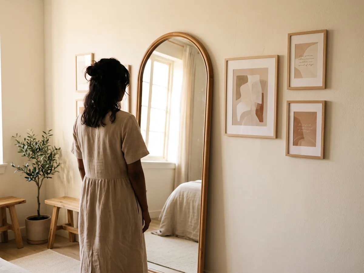 Woman facing a sunlit mirror beside framed affirmation prints