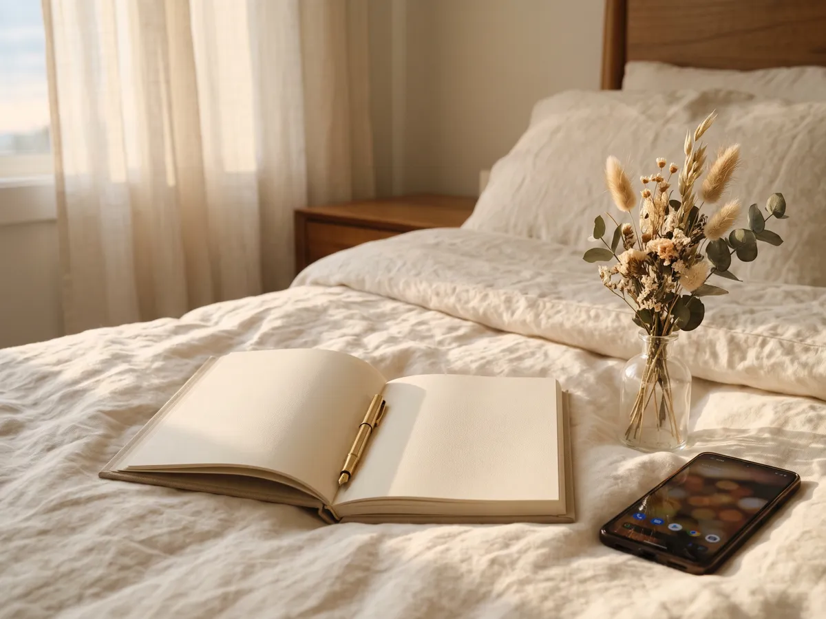 Open journal with pen, dried flowers and phone on cream bedding