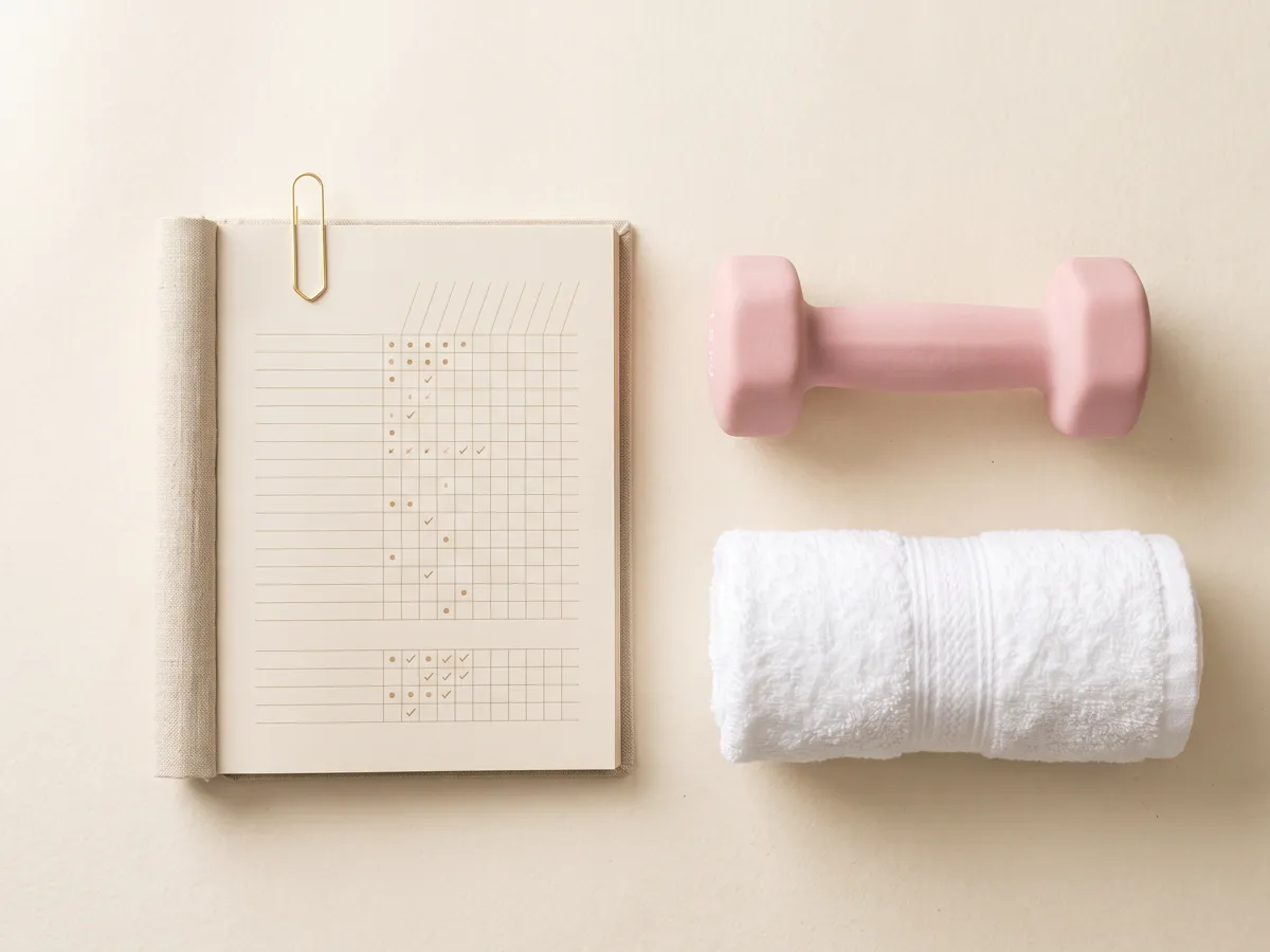 Habit tracker sheet with dumbbell and towel on cream background