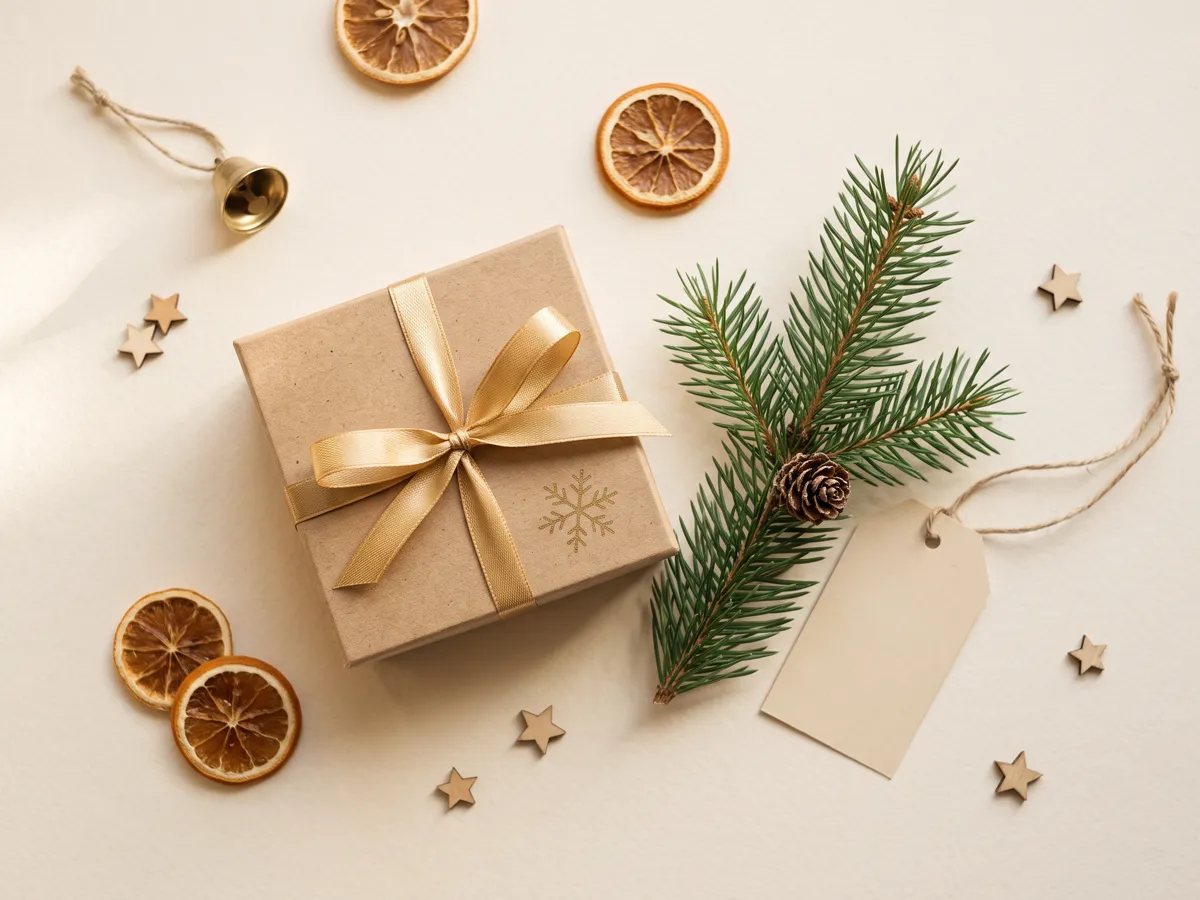 Kraft gift box with gold ribbon, pine sprig and gift tag