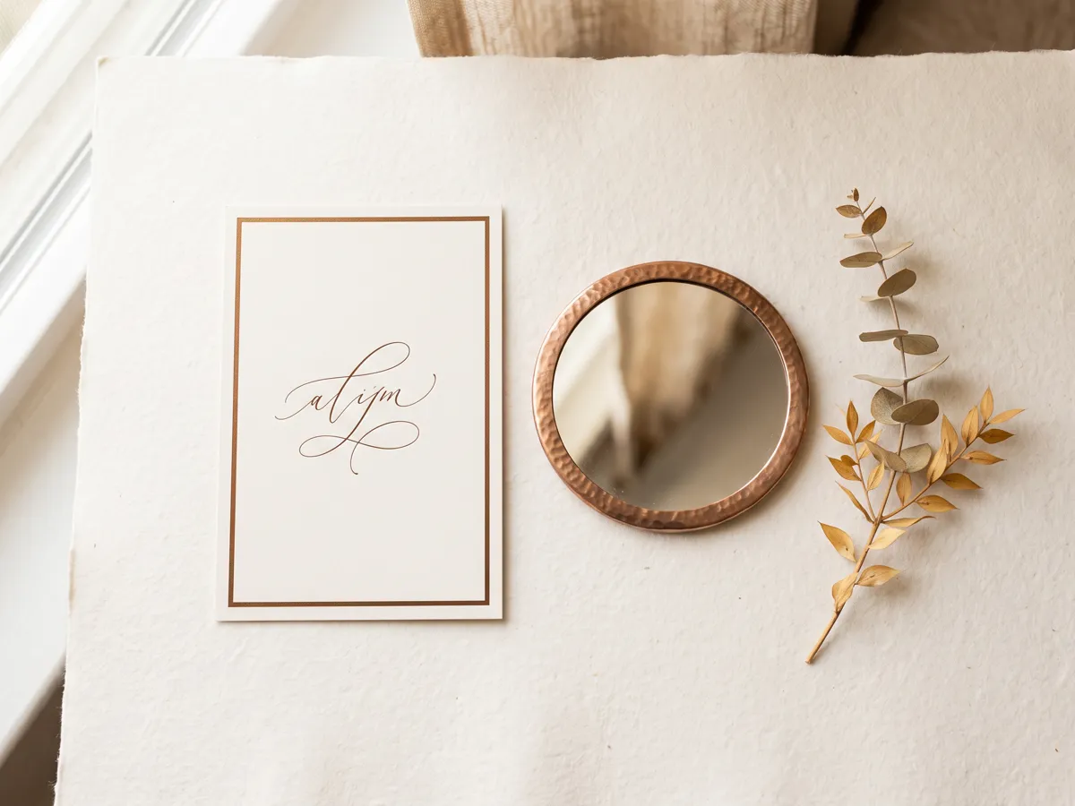 Affirmation card with bronze border beside a small mirror and botanical sprig